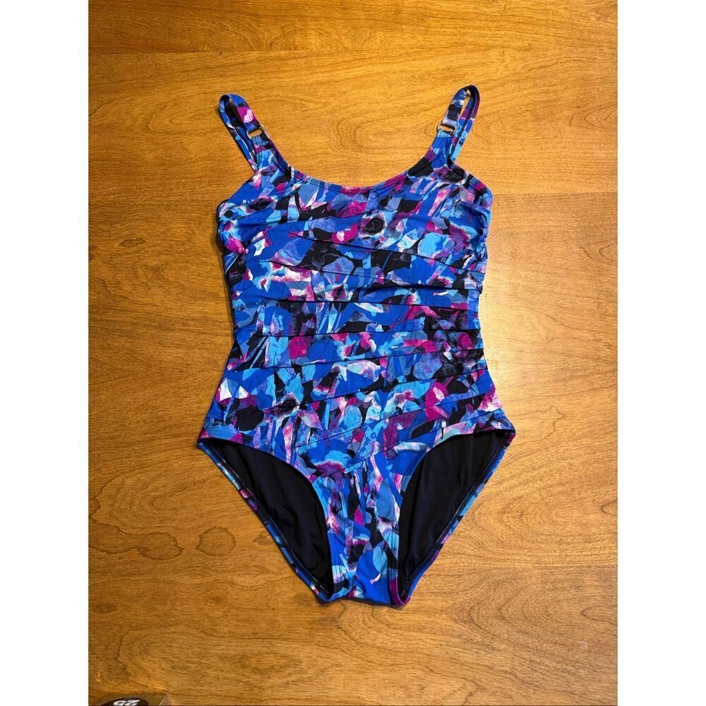 Calvin Klein Women's Celestial Starburst Pleated One-Piece Swimsuit Blue Sz 12